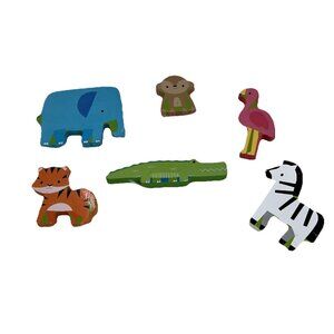 Wooden Zoo Animal Blocks Set of 6 Elephant Monkey Zebra Tiger Flamingo